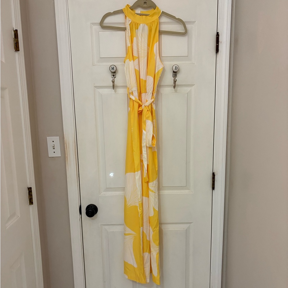 SHEIN Yellow And White Halter Jumpsuit with Waist Tie